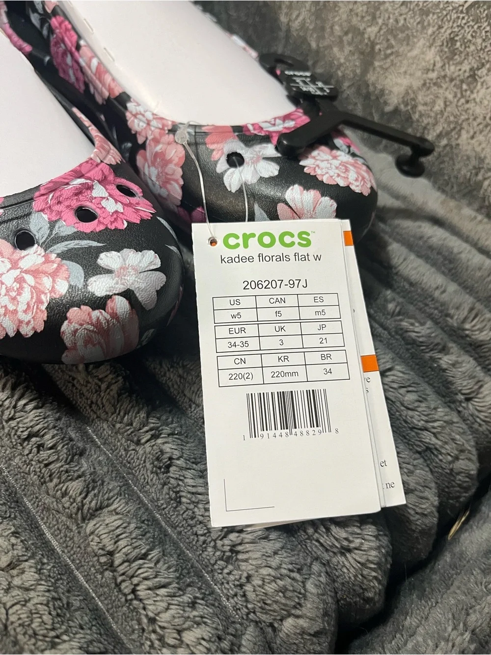 CROCS Women’s Black Floral Slip-On Flats with Pink Flowers